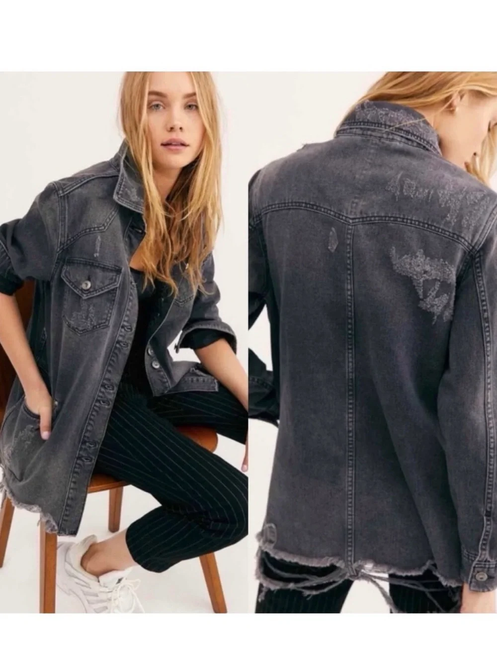 Free People Boho Washed Black Distressed Denim Jacket - Women